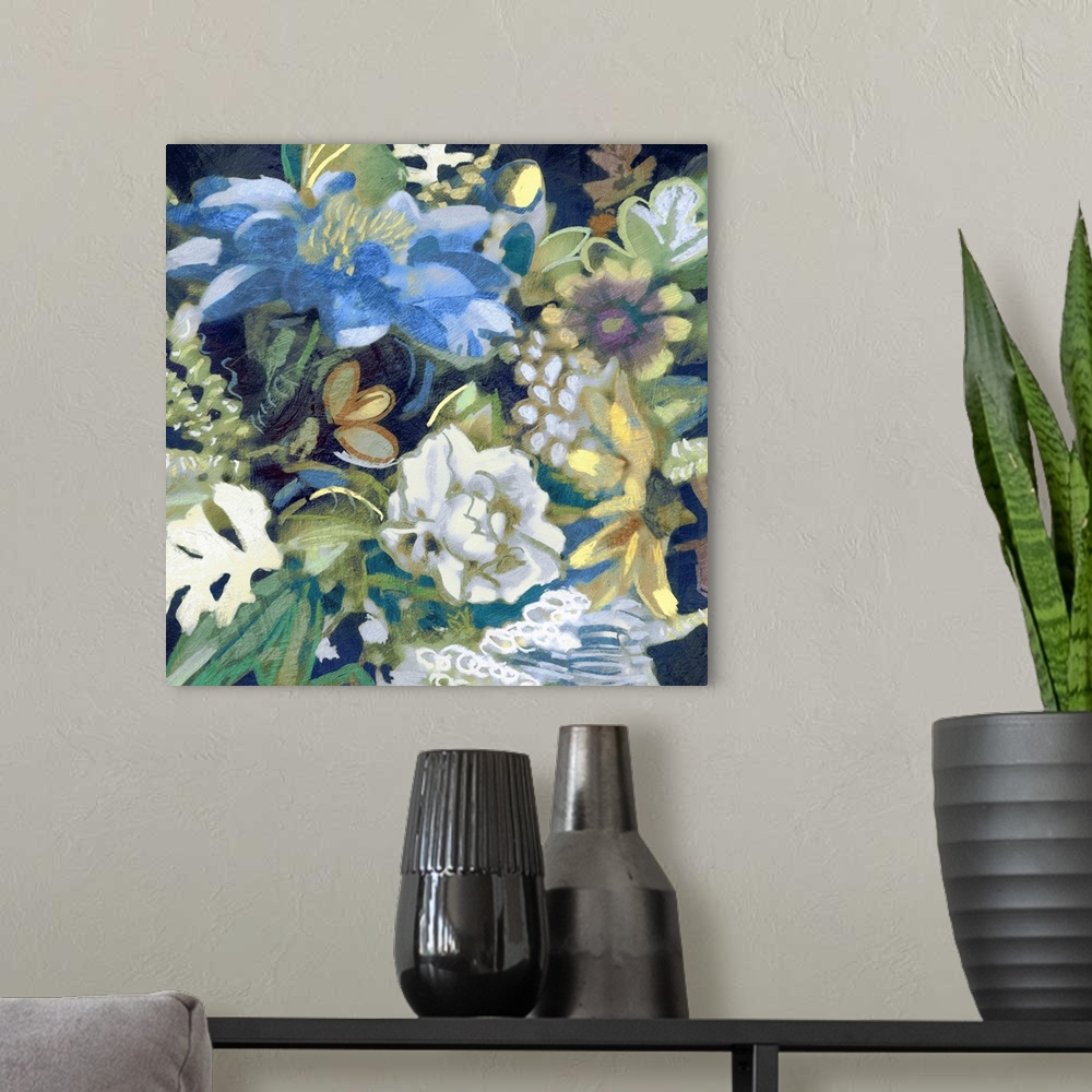A modern room featuring Contemporary painting of a bouquet of flowers in cool tones.