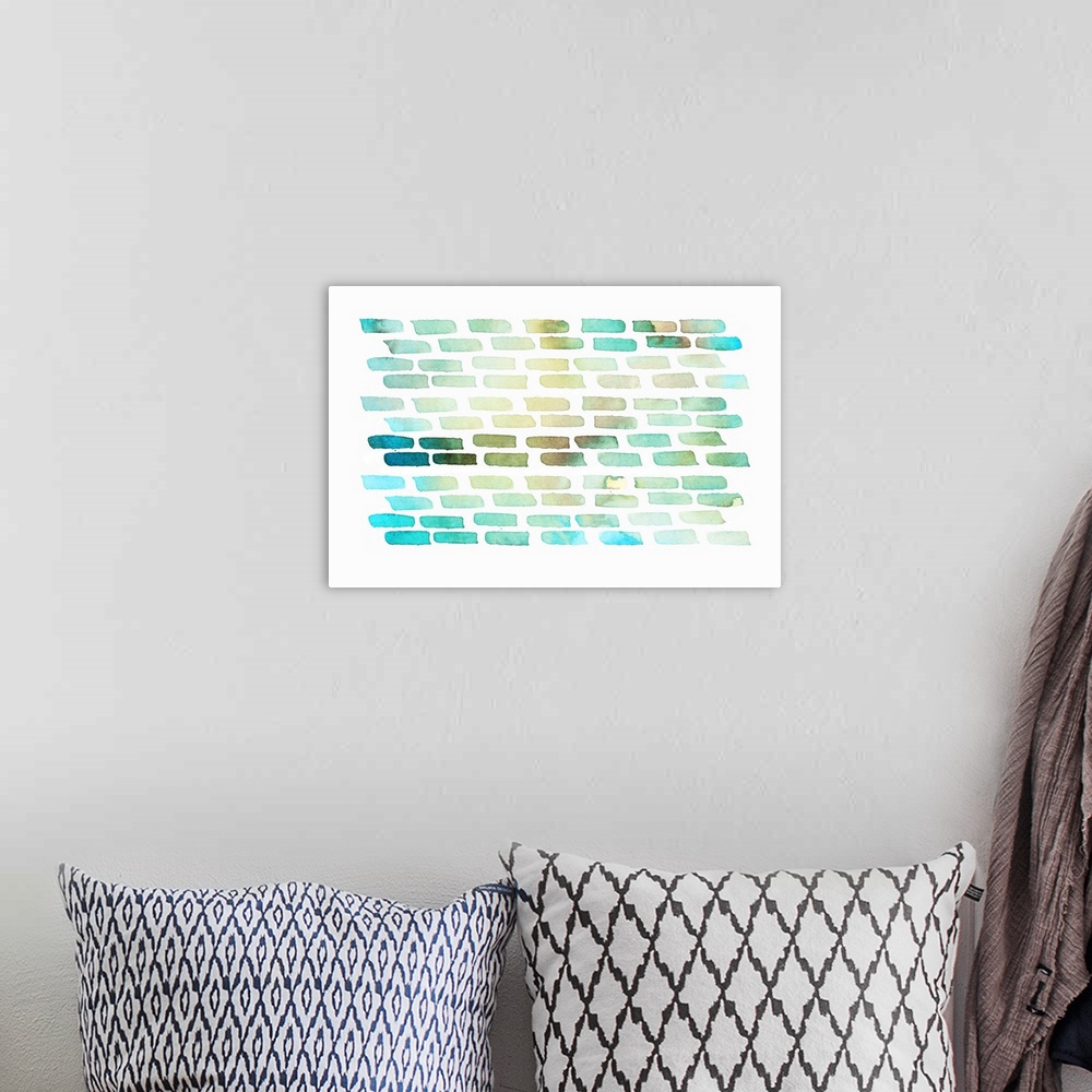 A bohemian room featuring Abstract artwork made of teal and yellow strokes in watercolor paint on white.