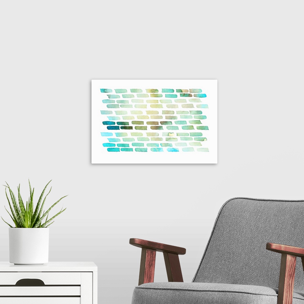 A modern room featuring Abstract artwork made of teal and yellow strokes in watercolor paint on white.