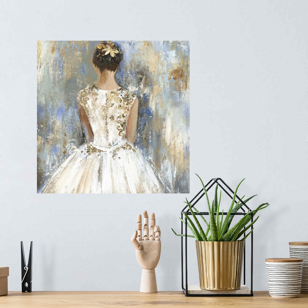 A bohemian room featuring Square painting of the backside of a female bridesmaid in a dress with gold accents against a tex...