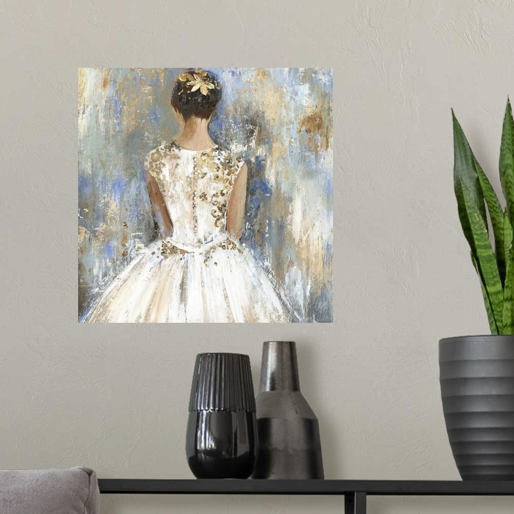 A modern room featuring Square painting of the backside of a female bridesmaid in a dress with gold accents against a tex...