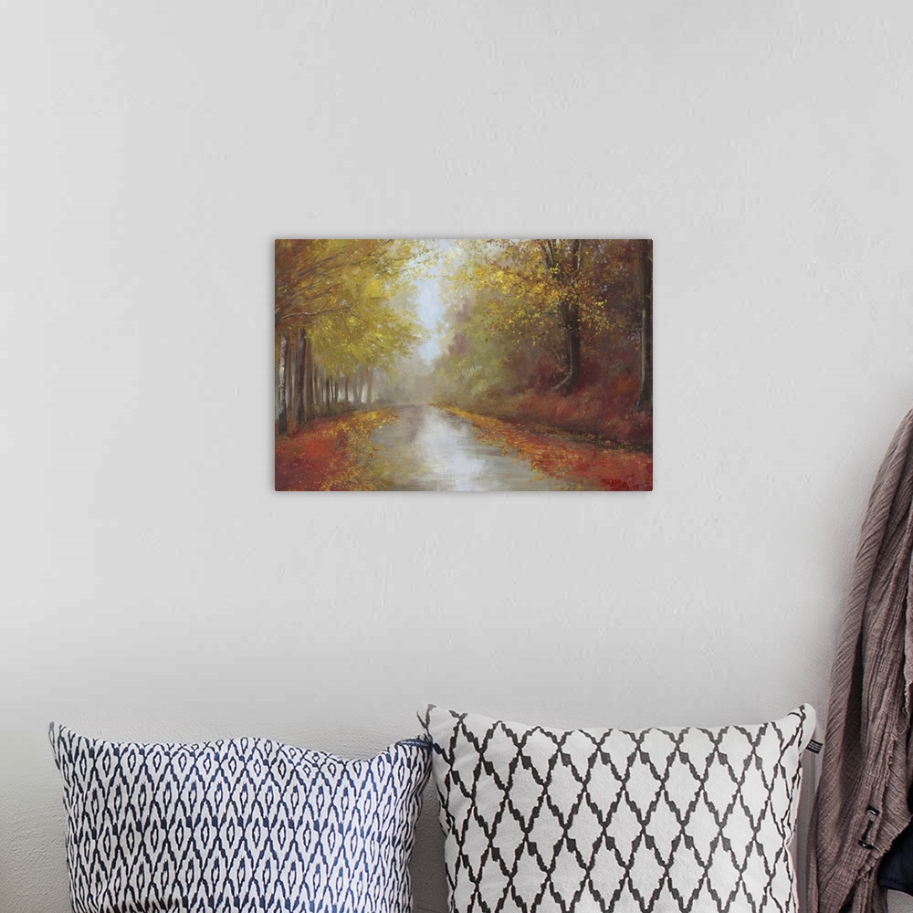A bohemian room featuring Contemporary home decor artwork of a road leading down through an autumn forest.