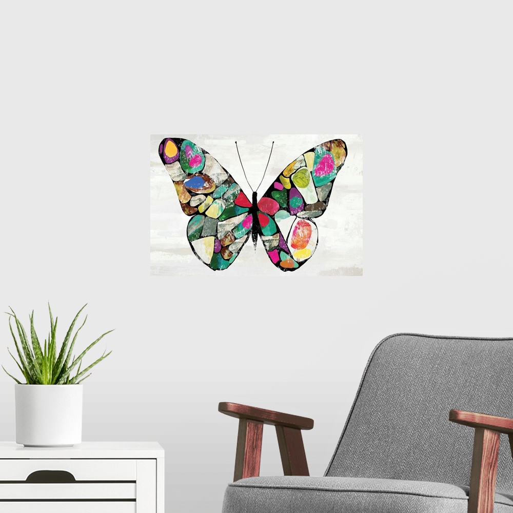 A modern room featuring Decorative wall art with an illustration of a colorful butterfly with mosaic-like wings.
