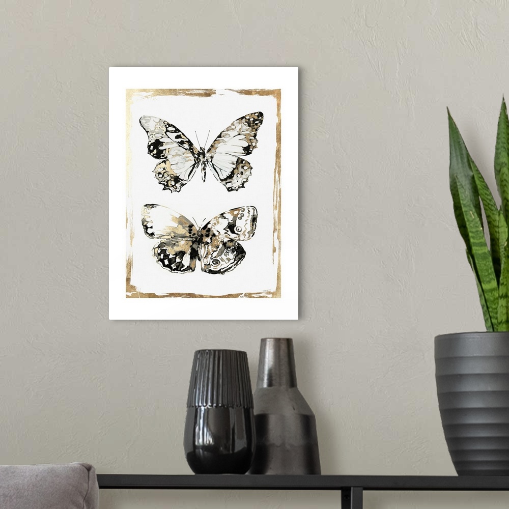 A modern room featuring Glamorous butterfly decor in black, white, and gold.