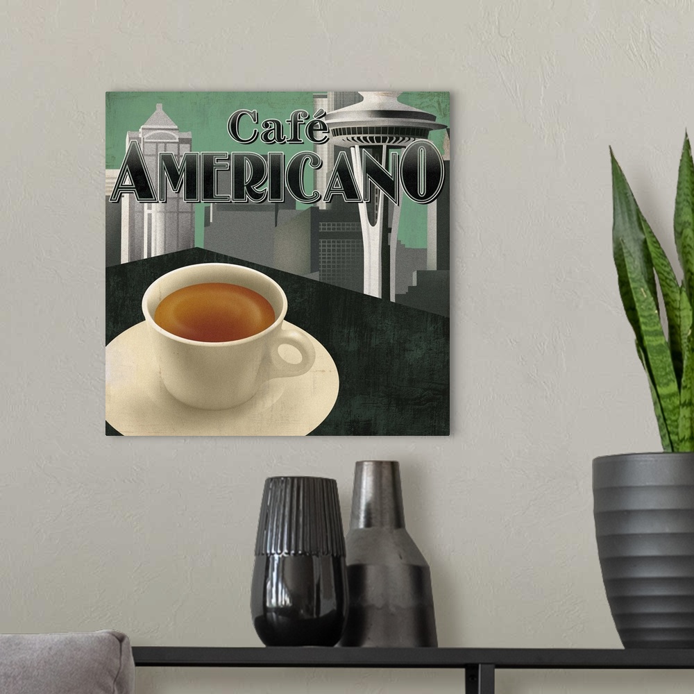 A modern room featuring Retro minimalist home decor artwork of a Seattle themed coffee scene.