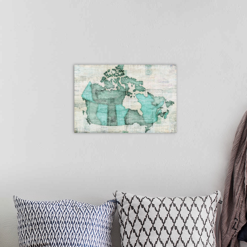 A bohemian room featuring Map of Canada's provinces in teal.