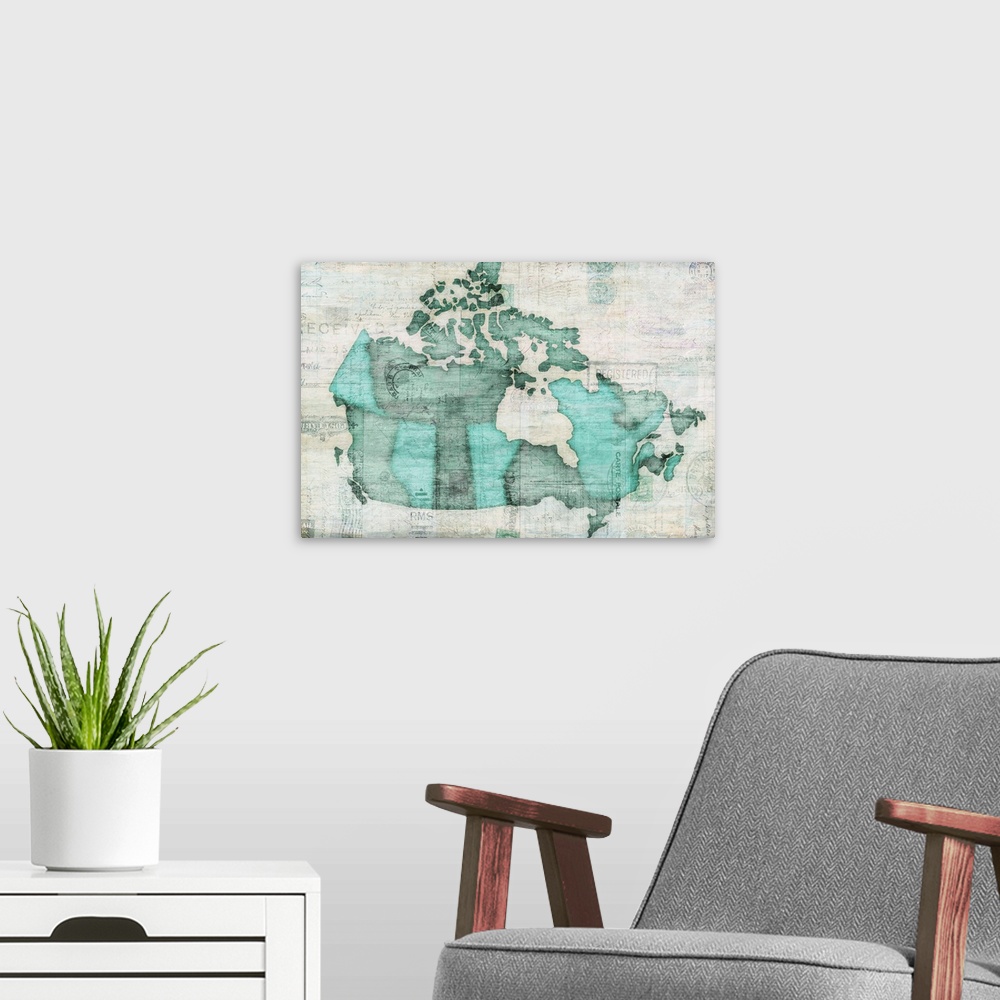 A modern room featuring Map of Canada's provinces in teal.