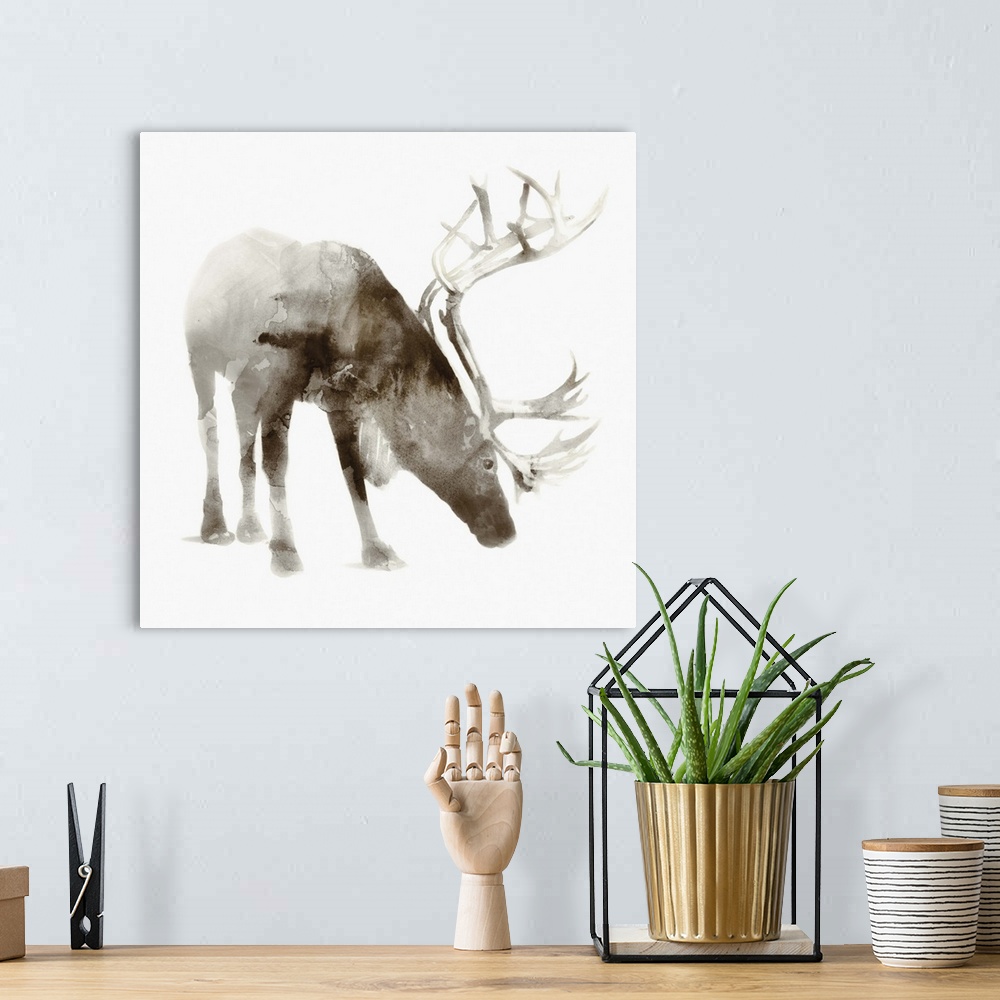 A bohemian room featuring Watercolor painting of a caribou with large antlers in brown tones.