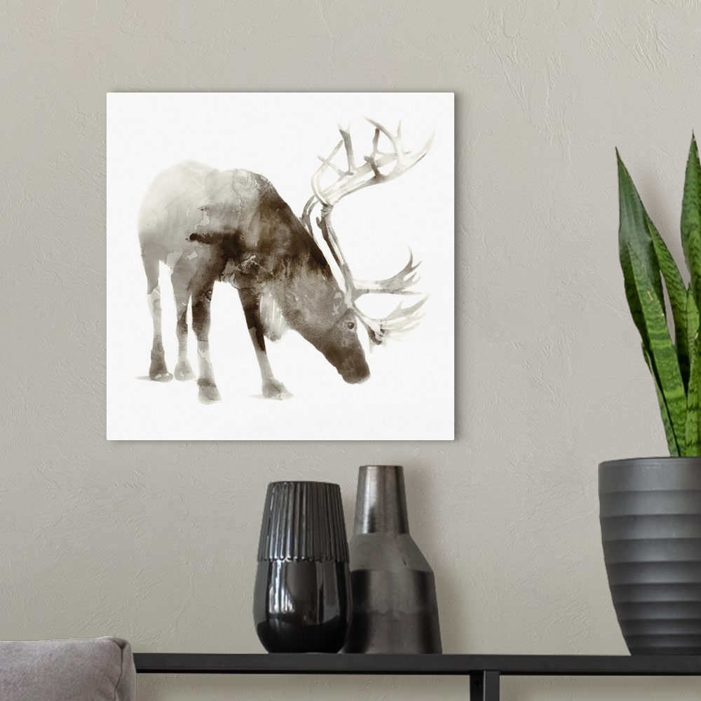 A modern room featuring Watercolor painting of a caribou with large antlers in brown tones.