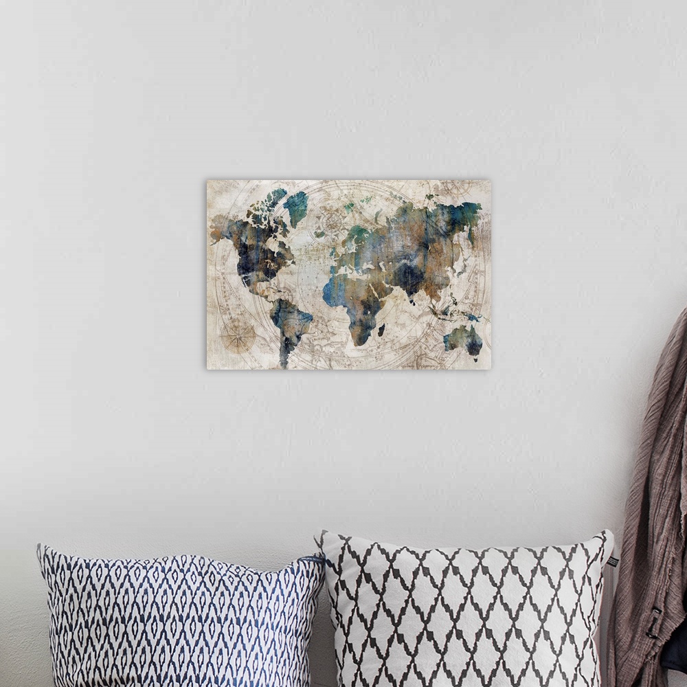 A bohemian room featuring Antique-looking map in blue with celestial patterns in the background.
