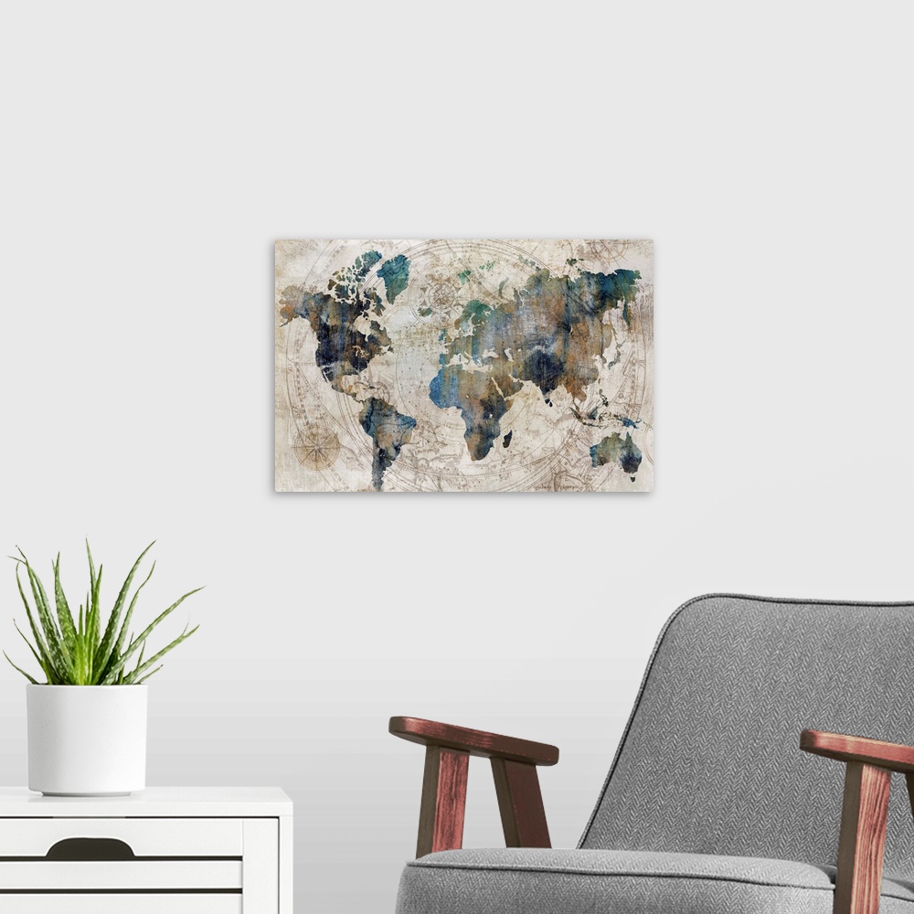 A modern room featuring Antique-looking map in blue with celestial patterns in the background.
