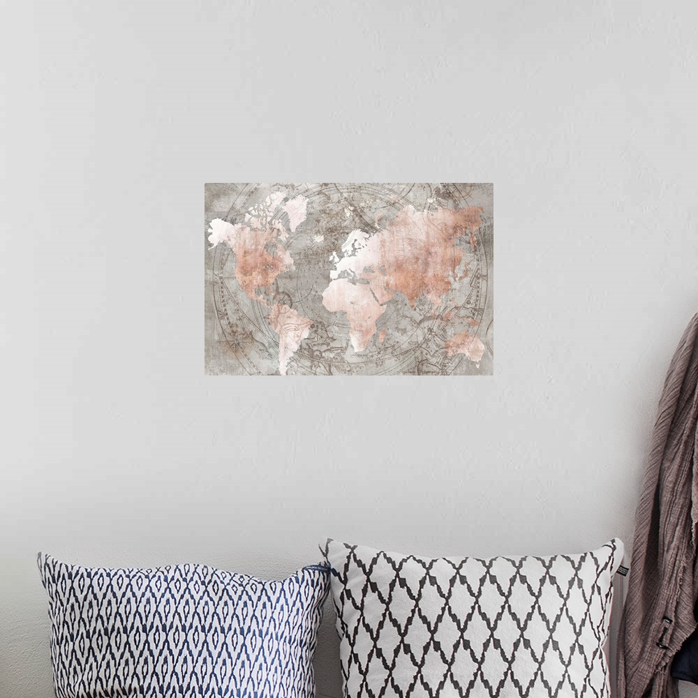 A bohemian room featuring Antique-looking map in rose gold with celestial patterns in the background.