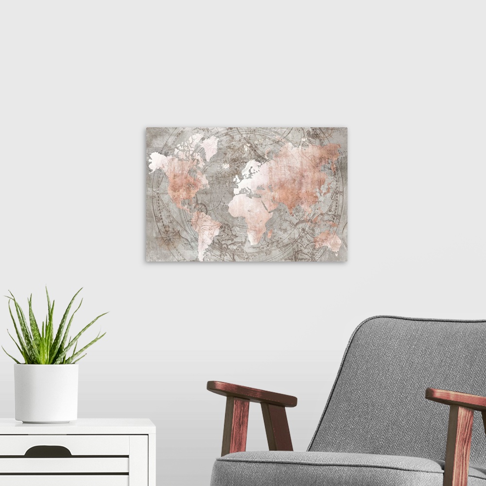 A modern room featuring Antique-looking map in rose gold with celestial patterns in the background.