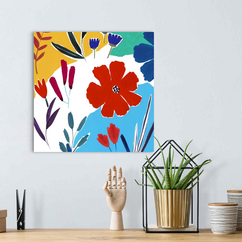 A bohemian room featuring Brightly colored abstracted flowers.