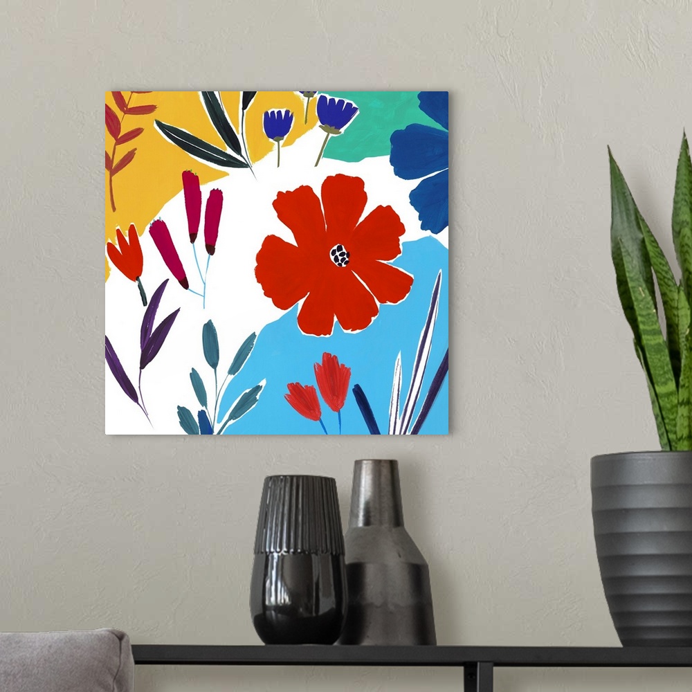A modern room featuring Brightly colored abstracted flowers.