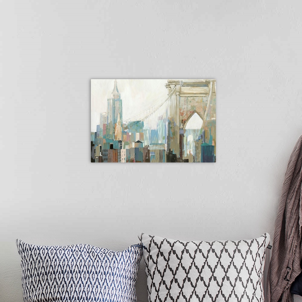 A bohemian room featuring Contemporary painting of the view of Manhattan from the Brooklyn Bridge.