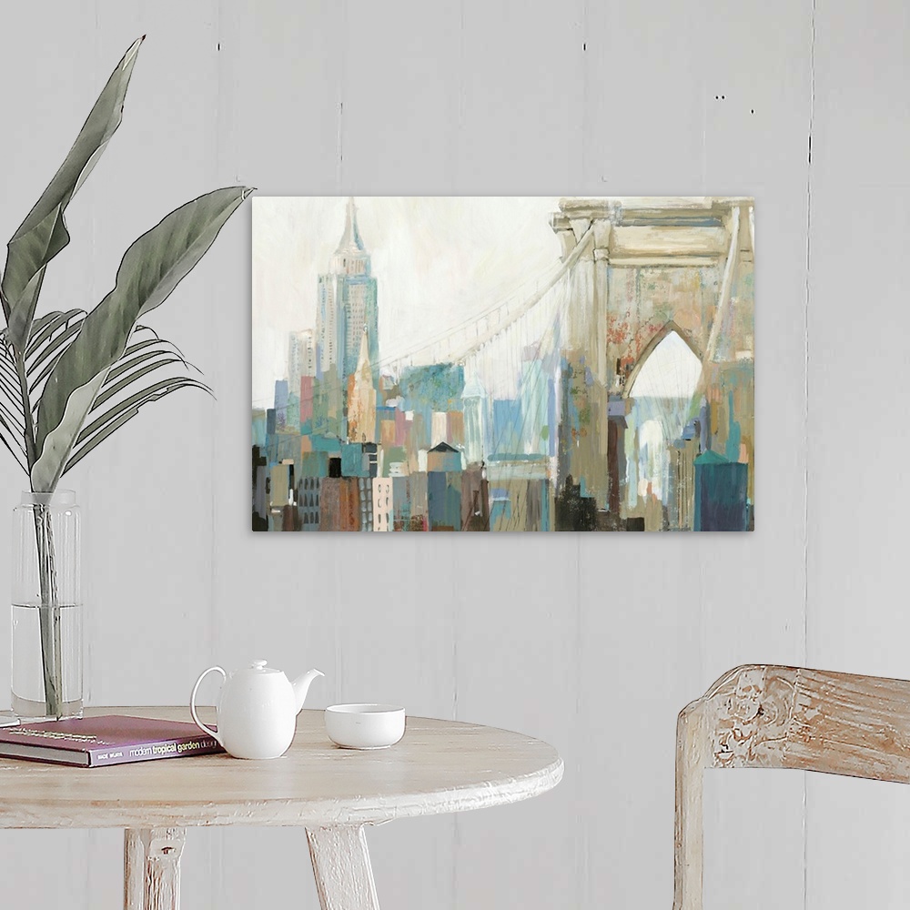 A farmhouse room featuring Contemporary painting of the view of Manhattan from the Brooklyn Bridge.