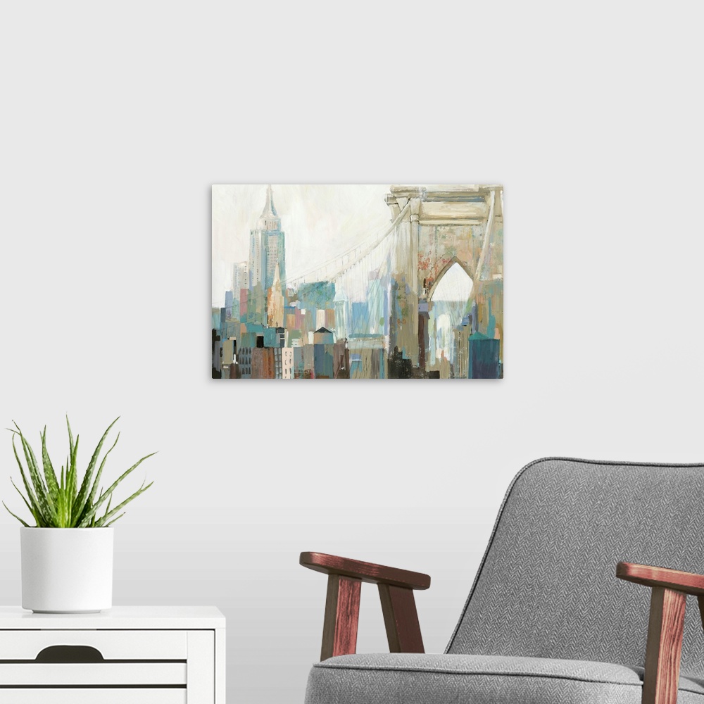 A modern room featuring Contemporary painting of the view of Manhattan from the Brooklyn Bridge.