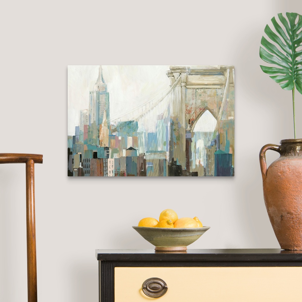 A traditional room featuring Contemporary painting of the view of Manhattan from the Brooklyn Bridge.