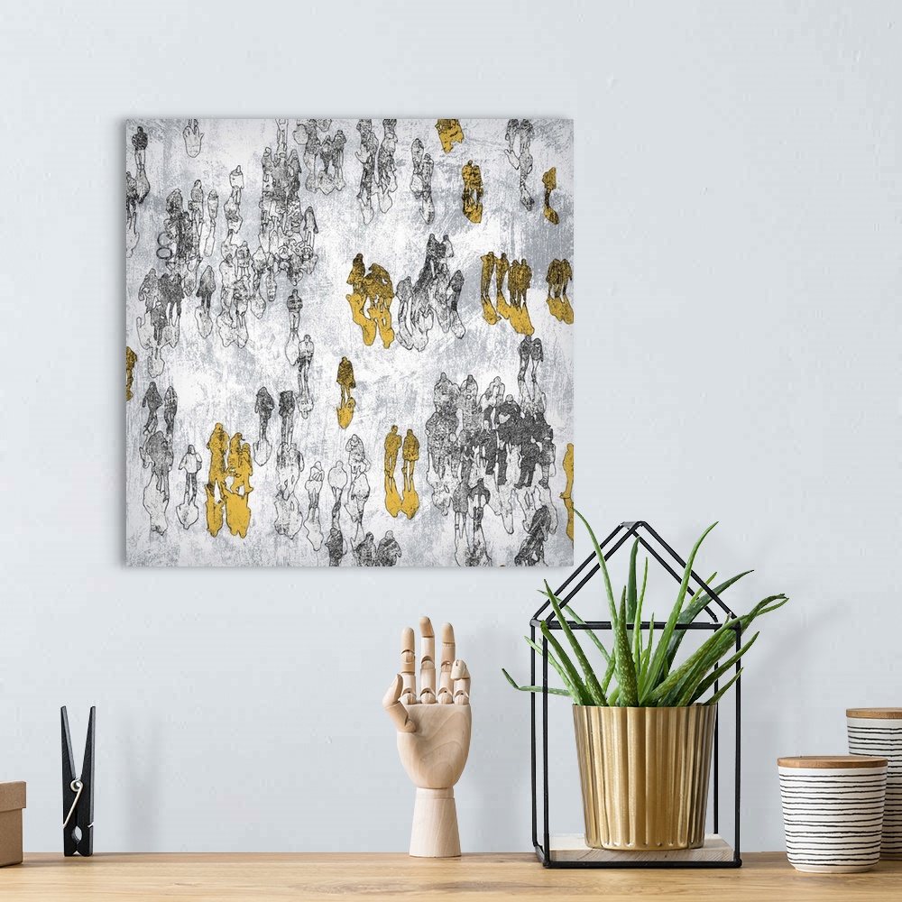 A bohemian room featuring A square abstract printing of people walking in gray and yellow.