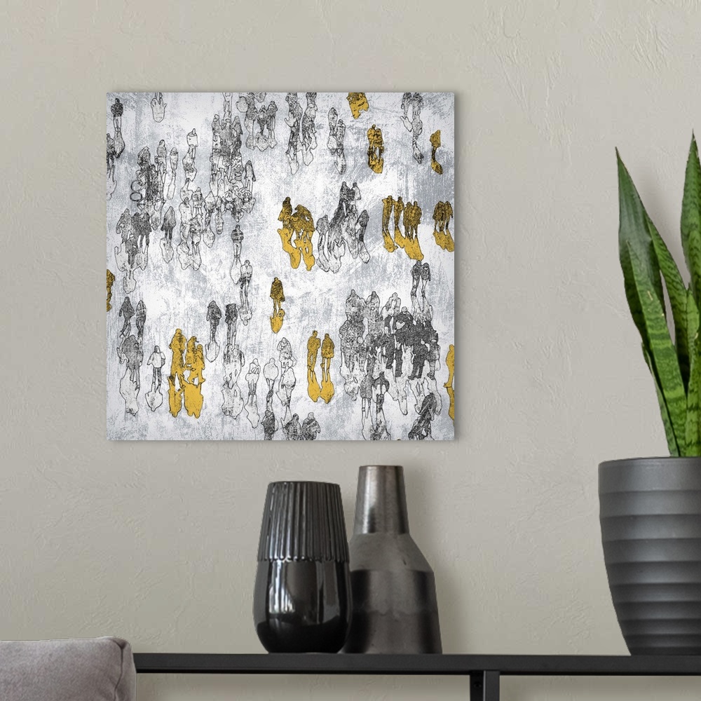 A modern room featuring A square abstract printing of people walking in gray and yellow.