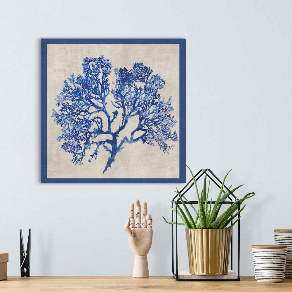 A bohemian room featuring Contemporary home decor artwork of cobalt blue coral against a weathered background with a blue b...