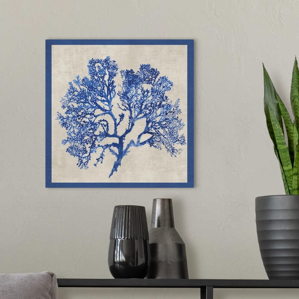 A modern room featuring Contemporary home decor artwork of cobalt blue coral against a weathered background with a blue b...