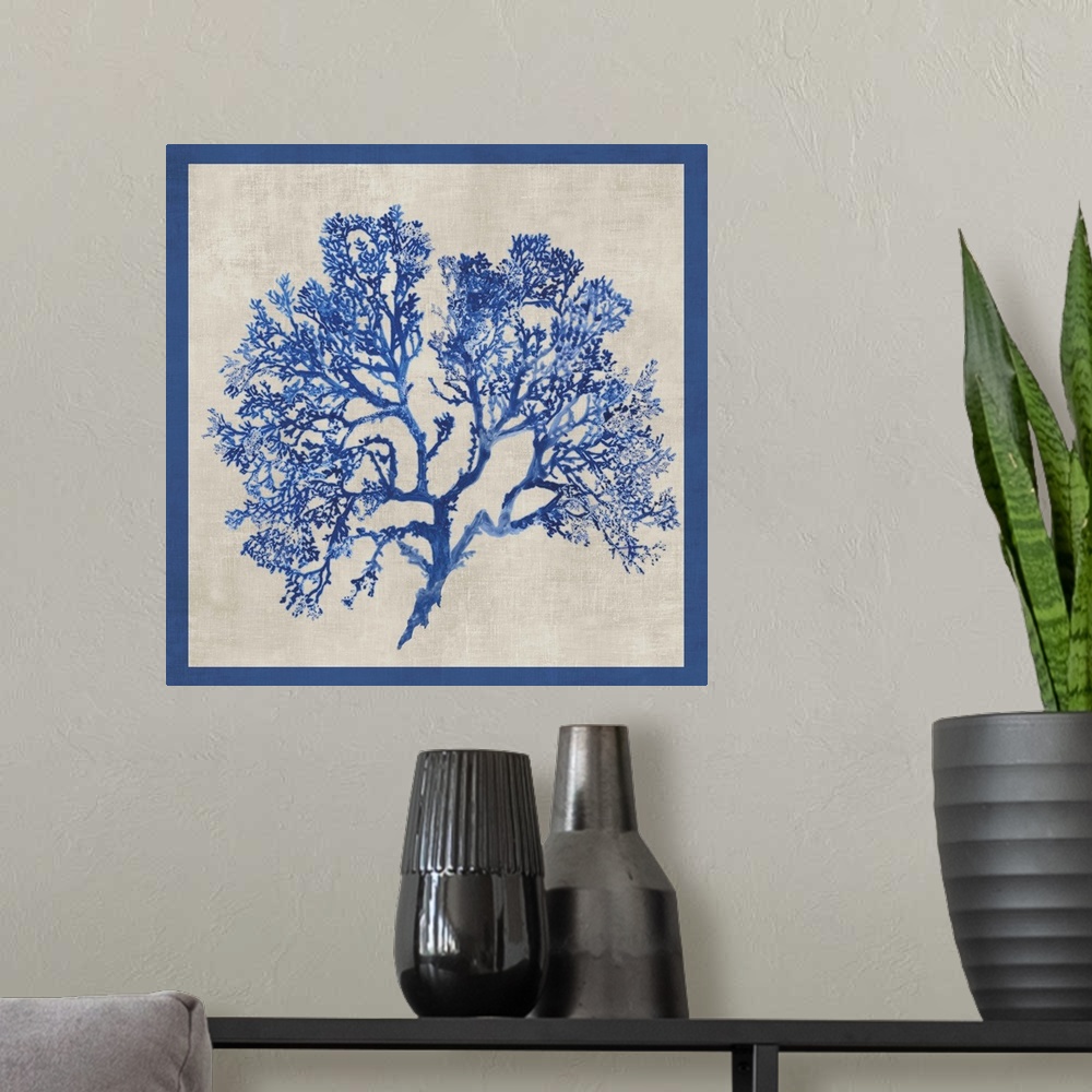 A modern room featuring Contemporary home decor artwork of cobalt blue coral against a weathered background with a blue b...