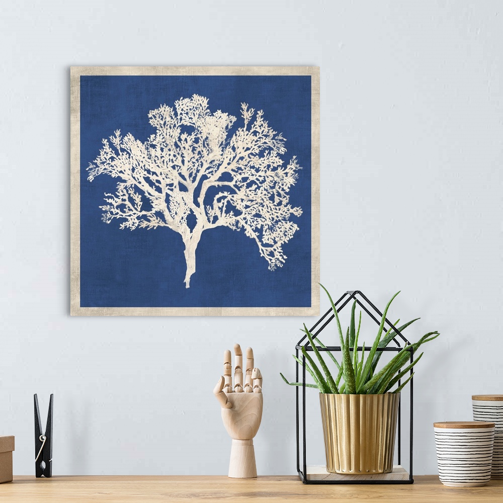A bohemian room featuring Contemporary home decor artwork of white coral against a weathered blue background with a white b...