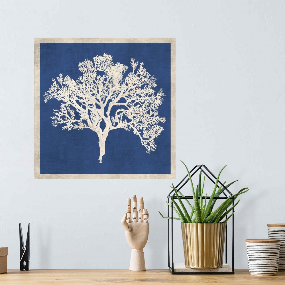 A bohemian room featuring Contemporary home decor artwork of white coral against a weathered blue background with a white b...