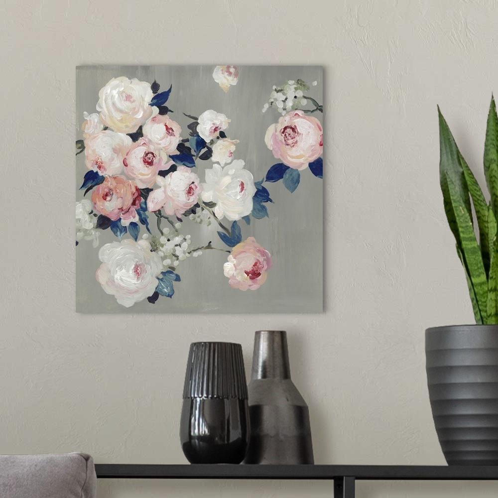A modern room featuring A contemporary painting of white and pink flowers against a neutral textured backdrop.