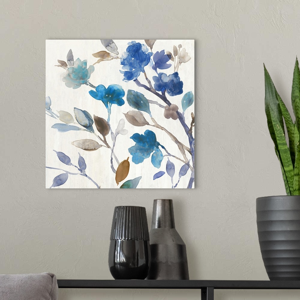 A modern room featuring Watercolor decorative artwork of blue flowers with brown and pale green leaves on an off-white ba...