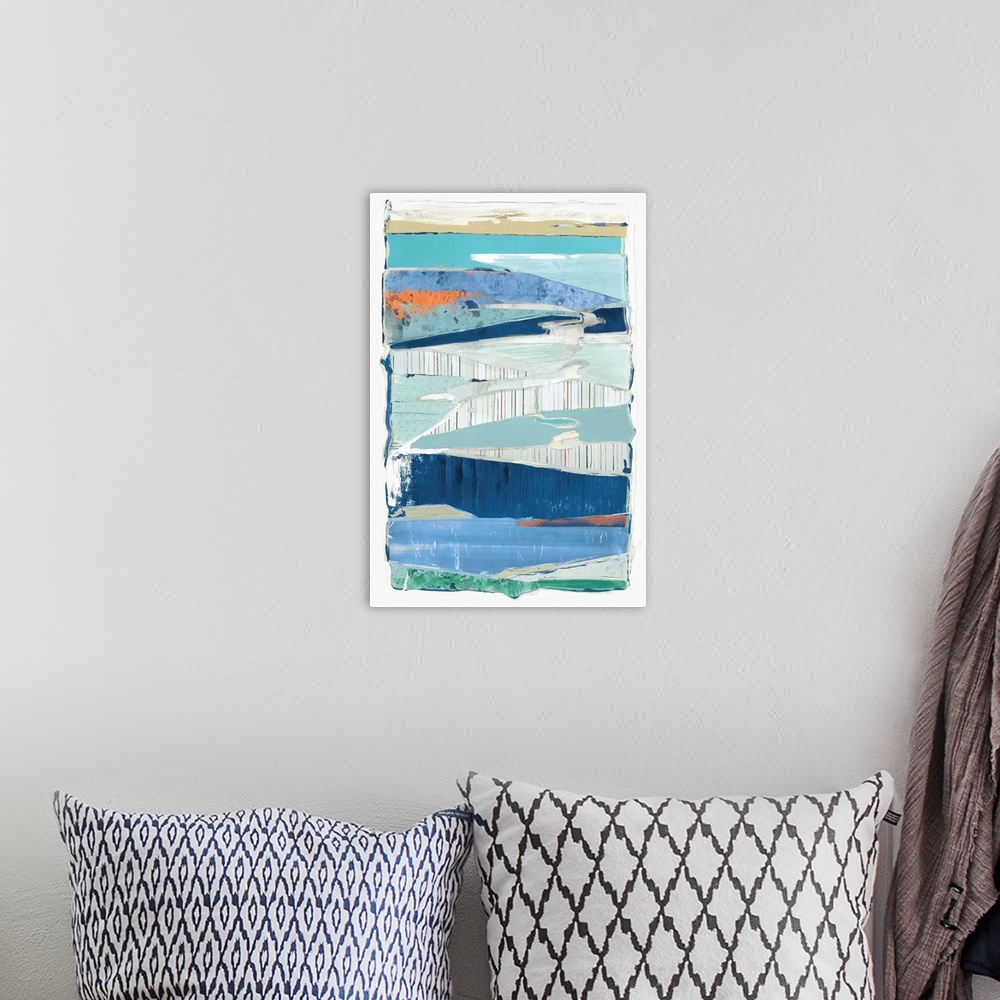A bohemian room featuring Abstract contemporary artwork made of various collage elements in shades of blue and striped patt...