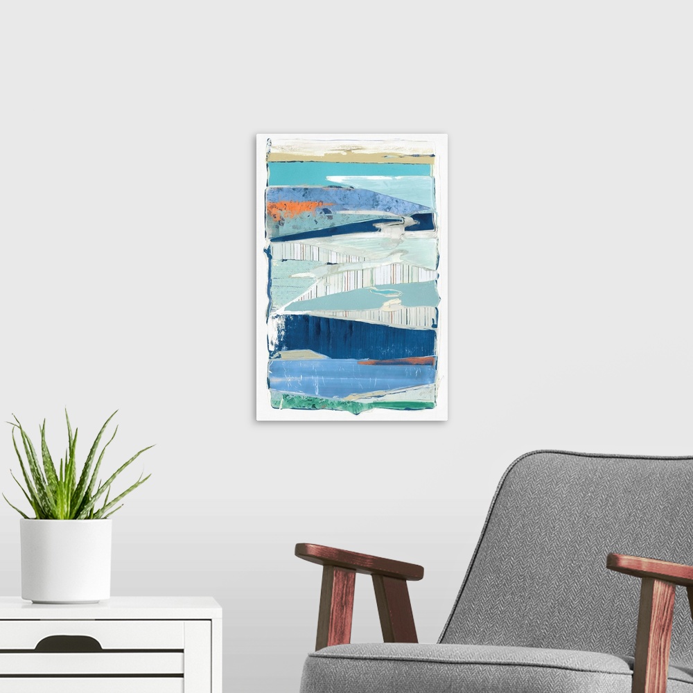 A modern room featuring Abstract contemporary artwork made of various collage elements in shades of blue and striped patt...