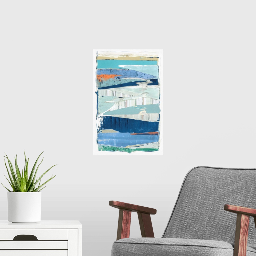 A modern room featuring Abstract contemporary artwork made of various collage elements in shades of blue and striped patt...