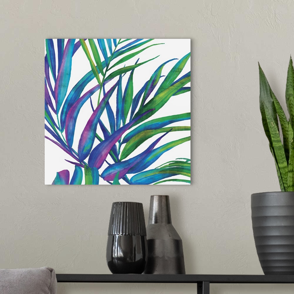 A modern room featuring Square decor with illustrated tropical leaves in blue, purple, and green hues on a white background.