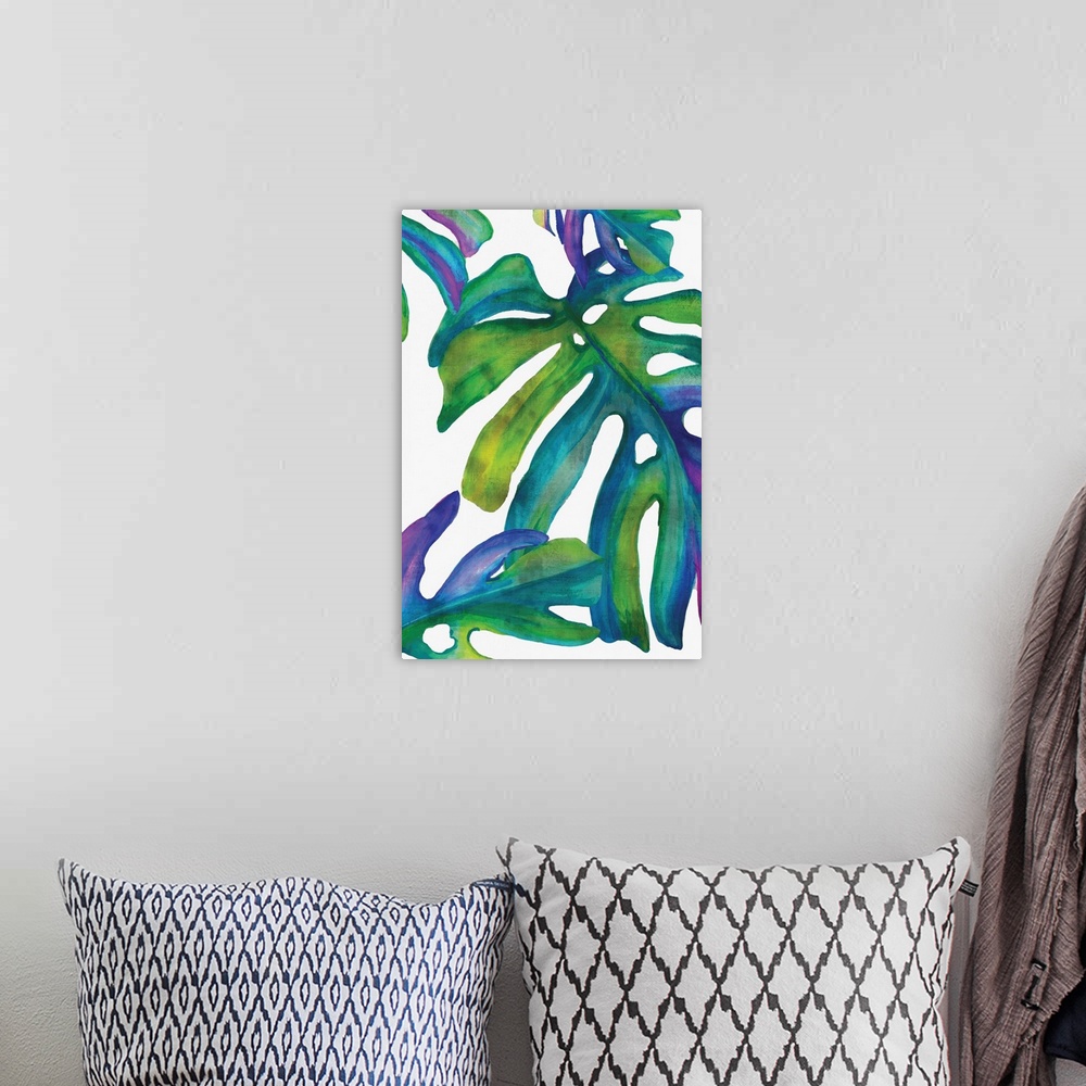 A bohemian room featuring Square decor with illustrated tropical palm leaves in blue, purple, and green hues on a white bac...