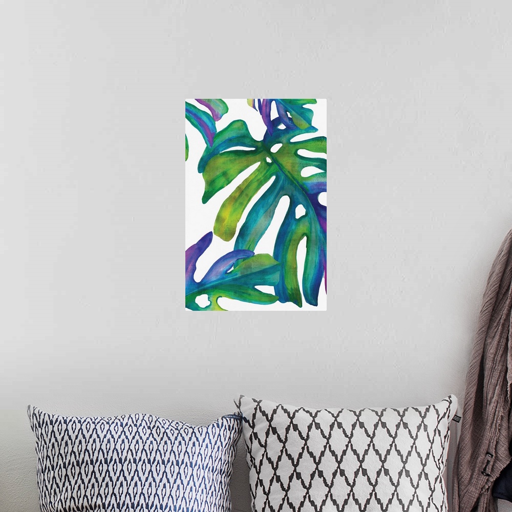 A bohemian room featuring Square decor with illustrated tropical palm leaves in blue, purple, and green hues on a white bac...
