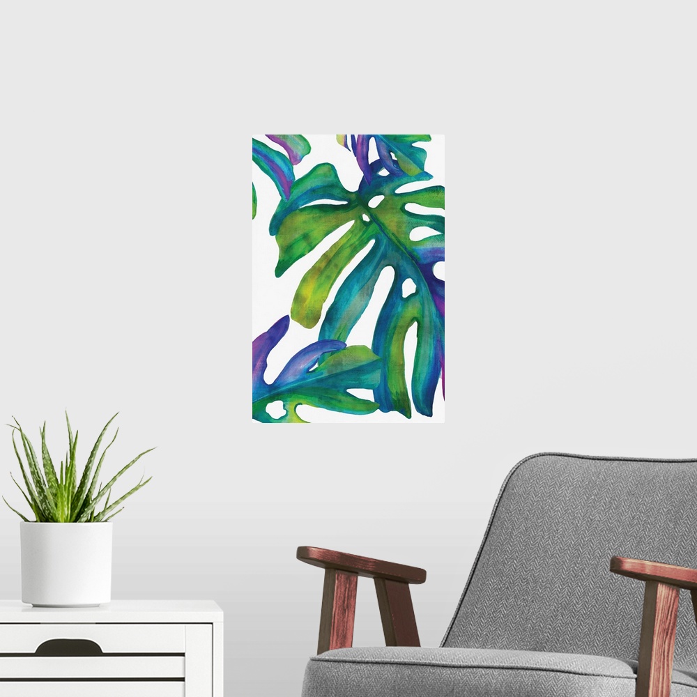 A modern room featuring Square decor with illustrated tropical palm leaves in blue, purple, and green hues on a white bac...