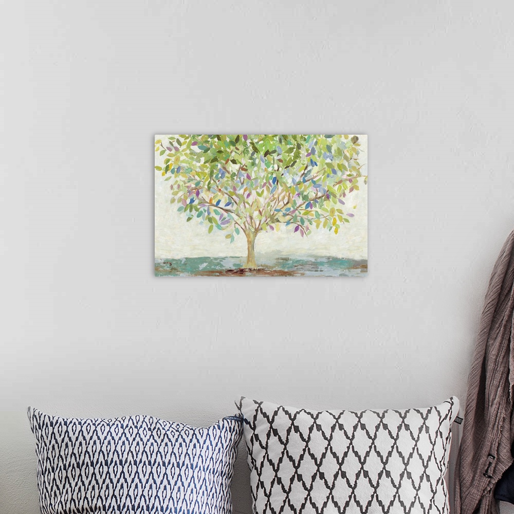 A bohemian room featuring A contemporary painting of a single tree full of leaves in colors of green, blue and purple.