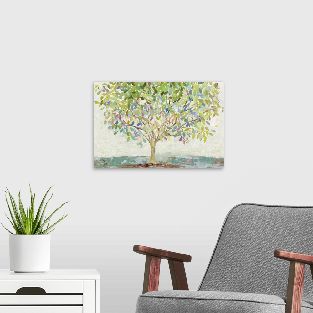 A modern room featuring A contemporary painting of a single tree full of leaves in colors of green, blue and purple.