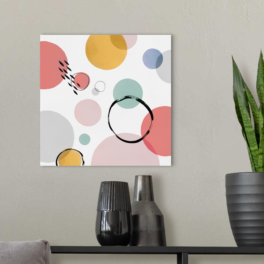 A modern room featuring Square modern design of varies circles in pastel colors and overlapping rings.