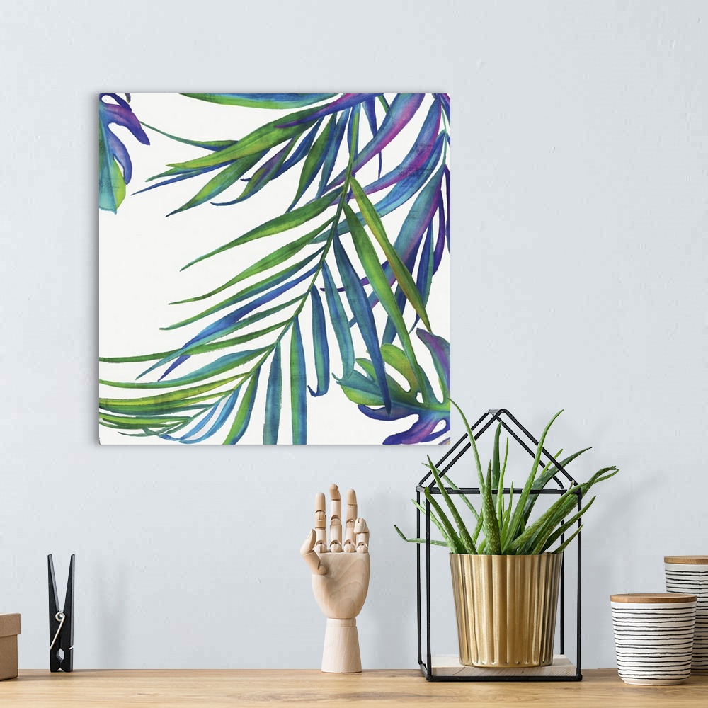 A bohemian room featuring Square decor with illustrated tropical leaves in blue, purple, and green hues on a white background.