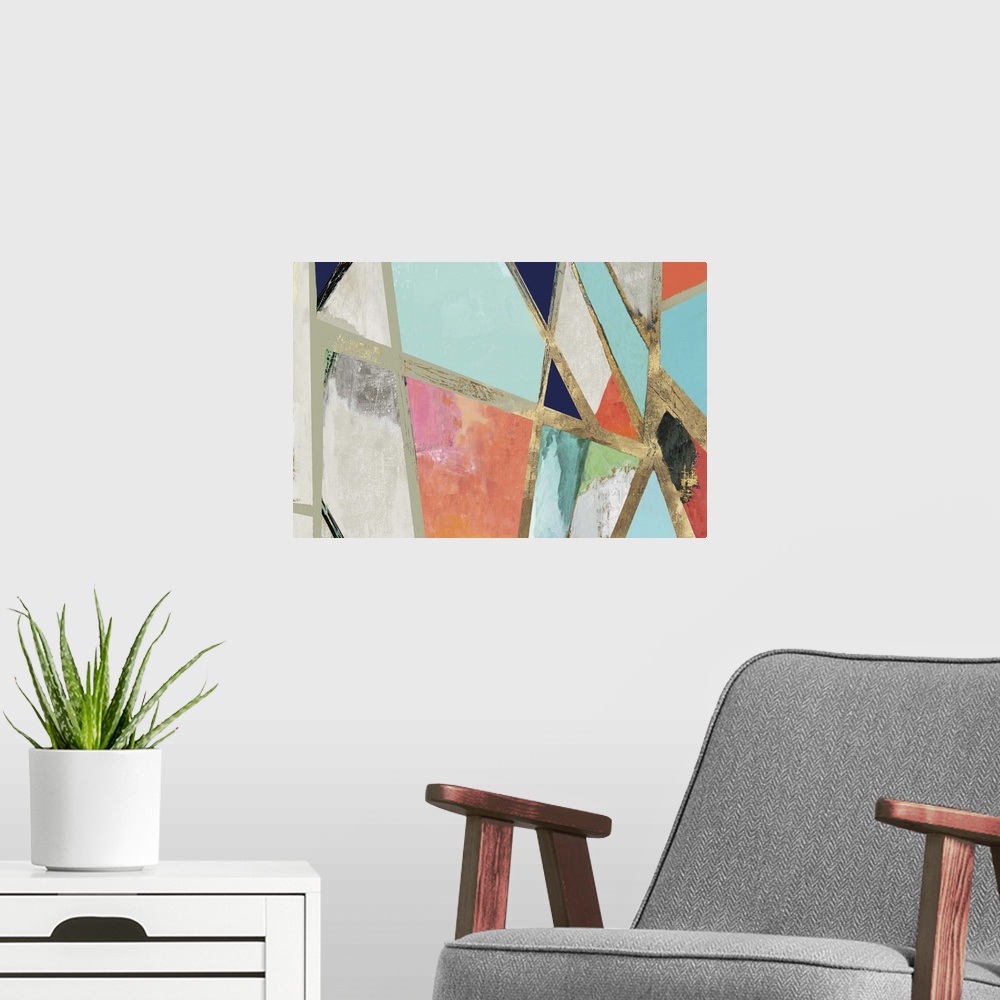 A modern room featuring Contemporary abstract painting in modern teal, pink, and navy colors with gold edges.