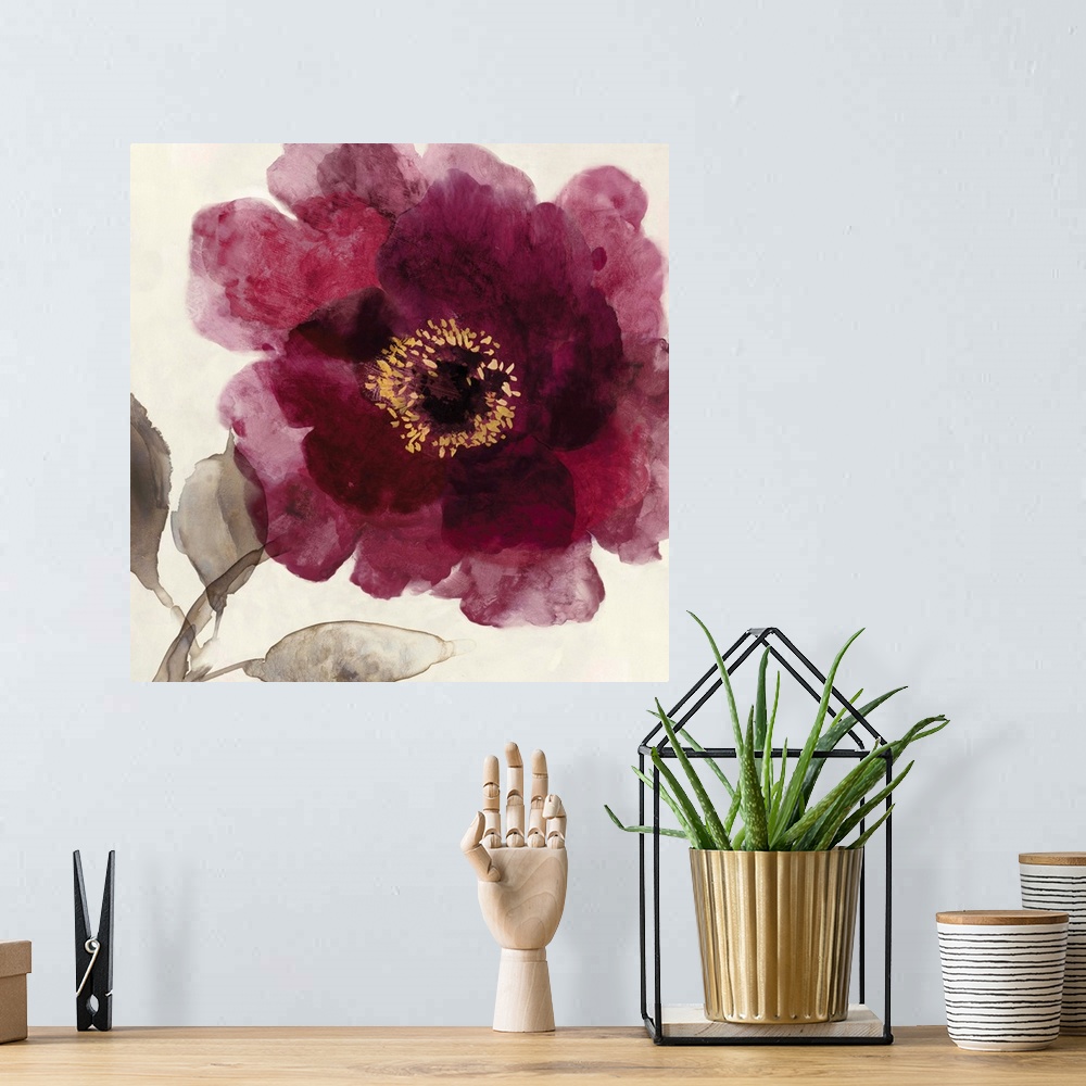 A bohemian room featuring Square watercolor painting of a blooming peony with deep red petals on a beige background.