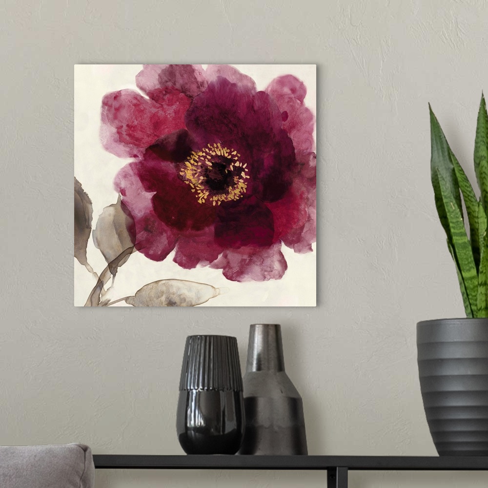 A modern room featuring Square watercolor painting of a blooming peony with deep red petals on a beige background.