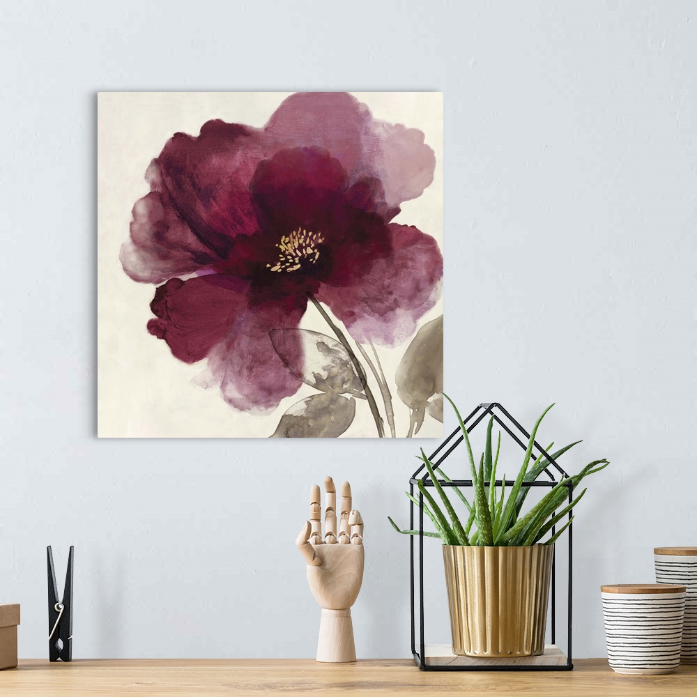 A bohemian room featuring Square watercolor painting of a blooming peony with deep red petals on a beige background.