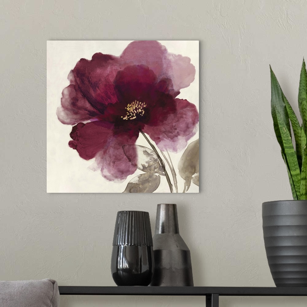 A modern room featuring Square watercolor painting of a blooming peony with deep red petals on a beige background.