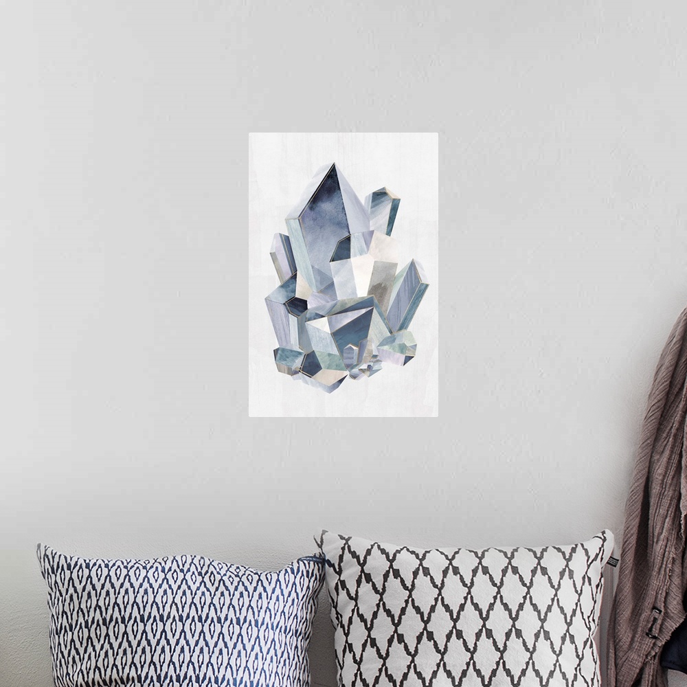 A bohemian room featuring Decorative wall art with rock crystal shapes compacted together in shades of blue with gray and w...