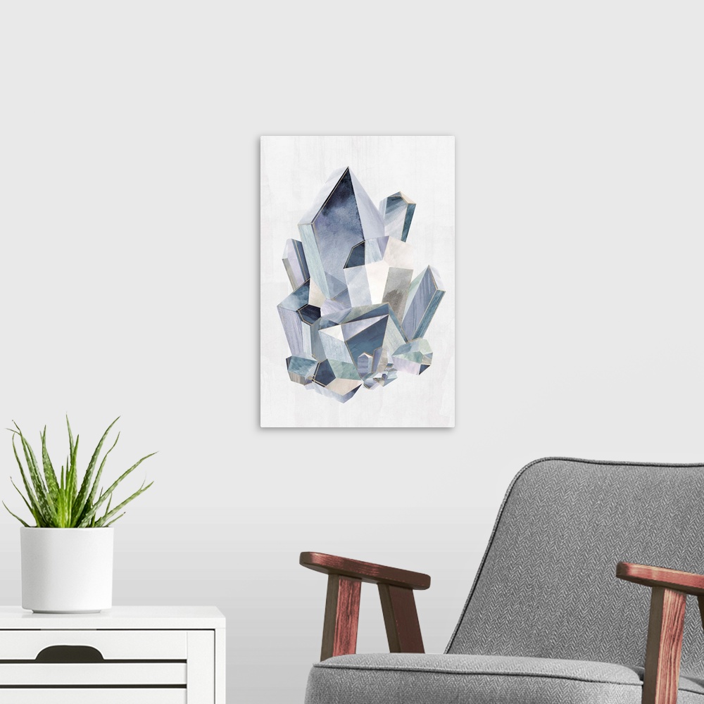 A modern room featuring Decorative wall art with rock crystal shapes compacted together in shades of blue with gray and w...